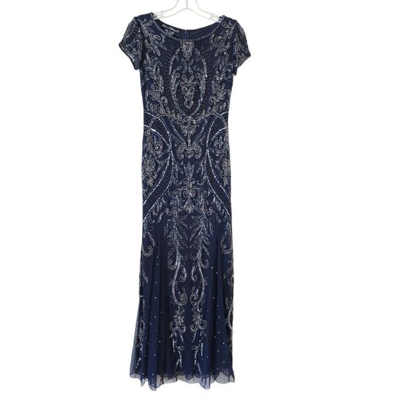 Pissaro Nigths Elegant Navy Blue Embellished Evening Gown Maxi Dress Size 2 Glam - Picture 1 of 9